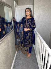 Load image into Gallery viewer, 3pc NAVY Velvet Embroidered Shalwar Kameez Stitched Suit Ready to wear HW-5202B
