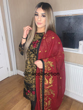 Load image into Gallery viewer, 3pc Black with Maroon Embroidered Shalwar Kameez with Stitched Suit Ready to wear
