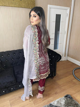 Load image into Gallery viewer, 3pc Maroon Embroidered suit with Grey chiffon dupatta Embroidered Stitched Suit Ready to wear UQ-MAROONGREY
