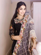 Load image into Gallery viewer, 3pc Black chiffon Embroidered Shalwar Kameez with Net Embroidered Dupatta Stitched Suit Ready to wear KH-BLACK
