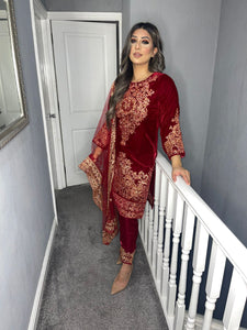 3pc Maroon Velvet Embroidered Shalwar Kameez Stitched Suit Ready to wear HW-MAROONVELVET