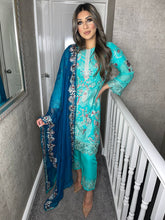 Load image into Gallery viewer, 3pc Ferozi Embroidered Shalwar Kameez with Teal Chiffon dupatta Stitched Suit Ready to wear KH-FEROZITEAL

