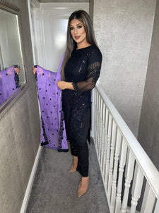 3pc Black with Lilac Chiffon Dupatta Shalwar Kameez Stitched Suit Ready to wear JF-BLACKLILAC