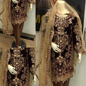 3pc Maroon Pakistani Velvet Full Embroidered Shalwar Kameez Stitched Suit Ready to wear