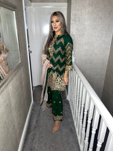 Load image into Gallery viewer, 3pc GREEN Shrara suit with pink chiffon dupatta Embroidered Stitched Suit Ready to wear JF-GREENSHRARA

