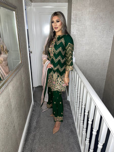 3pc GREEN Shrara suit with pink chiffon dupatta Embroidered Stitched Suit Ready to wear JF-GREENSHRARA