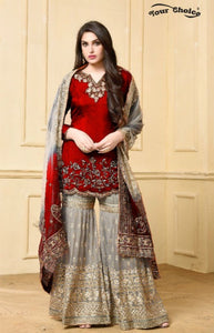 3PC  Shalwar Kameez Fully Stitched Red&Grey Shrara Collection Ready to wear Shrara Nazakat NX Red