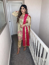 Load image into Gallery viewer, 3pc Gold Embroidered suit with Pink Chiffon dupatta Embroidered Stitched Suit Ready to wear
