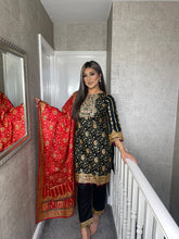 Load image into Gallery viewer, 3 pcs BLACK Stitched lawn shalwar Suit Ready to Wear with Dark RED Lawn dupatta OB-BLACKRED
