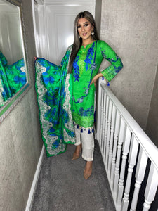 3 pcs GREEN WHITE Lilen shalwar Suit Ready to Wear with chiffon dupatta winter MB-167A