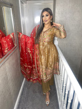 Load image into Gallery viewer, 3pc Golden Embroidered suit with Net dupatta Stitched Suit Ready to wear AN-D122
