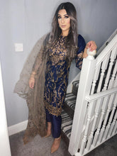 Load image into Gallery viewer, 3PC Net Navy Embroidered suit with Net dupatta Stitched Ready to wear HR-NAVY
