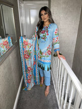 Load image into Gallery viewer, 3 pcs Stitched Sky Blue lawn suit Ready to Wear with chiffon dupatta FD-1012A
