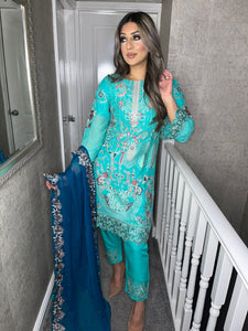 3pc Ferozi Embroidered Shalwar Kameez with Teal Chiffon dupatta Stitched Suit Ready to wear KH-FEROZITEAL