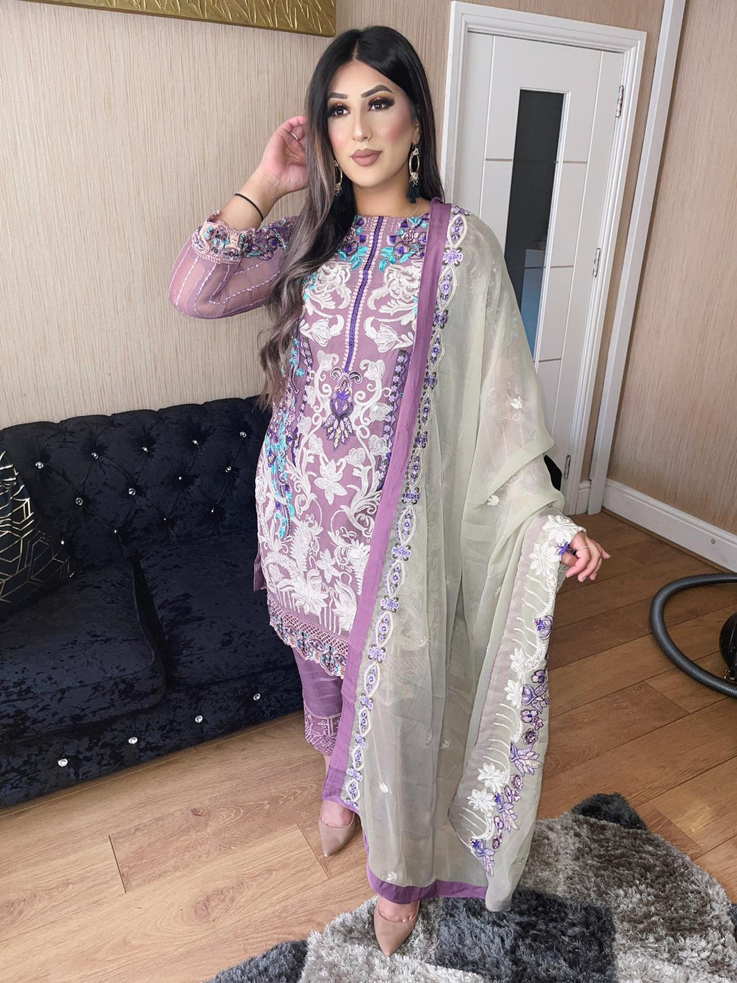 3pc LILAC Embroidered suit with chiffon dupatta Embroidered Stitched Suit Ready to wear HW-LILAC