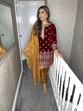 Load image into Gallery viewer, 3pc Maroon Velvet Embroidered Shalwar Kameez Suit with Gold Dupatta Ready to wear HW-MAROONGOLD
