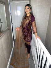 Load image into Gallery viewer, 3PC Net PURPLE Embroidered suit with Net dupatta Stitched Ready to wear HR-PURPLE
