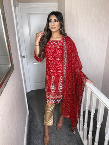 3pc Red Embroidered suit With Gold trouser Chiffon Dupatta Stitched Suit Ready to wear