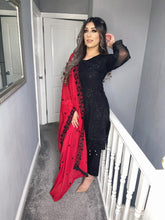 Load image into Gallery viewer, 3pc Black with Red Embroidered Dupatta Shalwar Kameez Stitched Suit Ready to wear AN-BLACKRED
