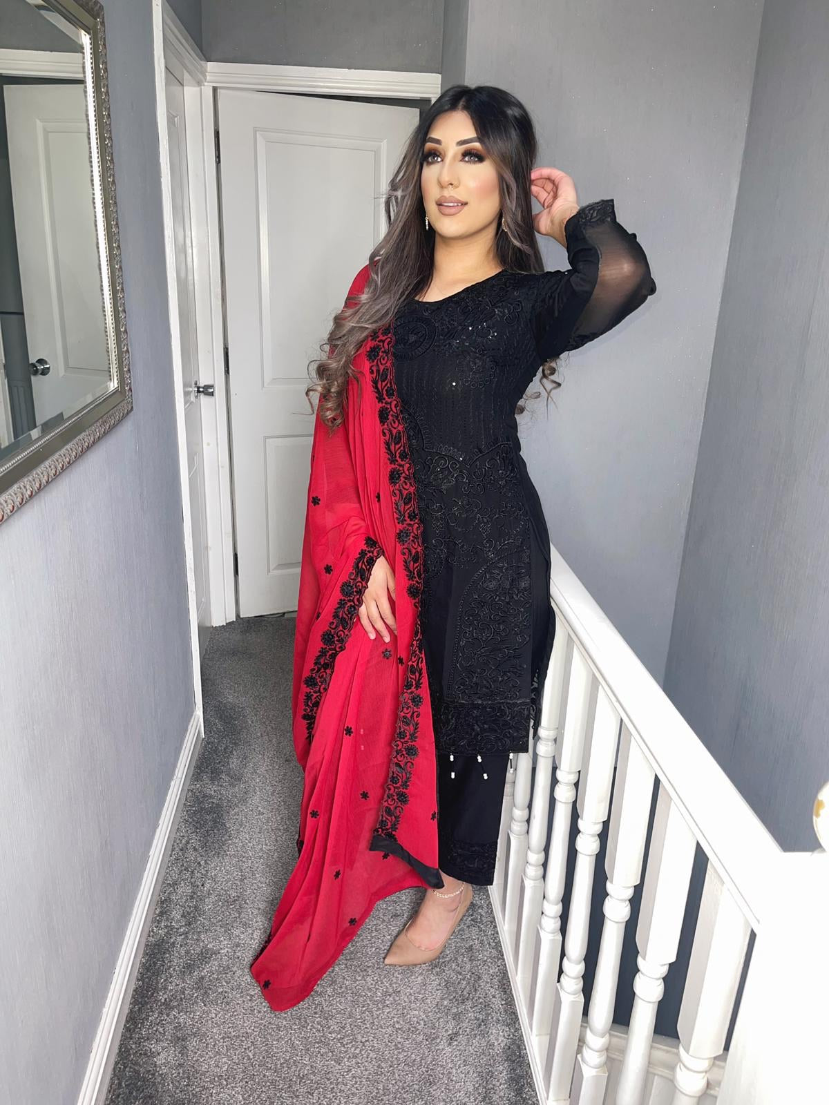 3pc Black with Red Embroidered Dupatta Shalwar Kameez Stitched Suit Ready to wear AN BLACKRED