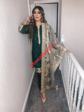 Load image into Gallery viewer, 3pc Green chiffon Embroidered Shalwar Kameez with Organza Embroidered Dupatta Stitched Suit Ready to wear
