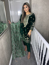 Load image into Gallery viewer, 3pc Green Velvet Embroidered Shalwar Kameez with net Dupatta Stitched Suit Ready to wear JF-GREENVELVET
