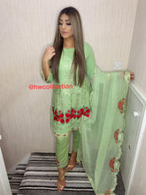 Load image into Gallery viewer, 3pc Embroidered Green peplum dress Shalwar Kameez Stitched Suit Ready to wear
