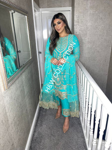 3pc Tiffany Blue Embroidered Shalwar Kameez with Chiffon dupatta Stitched Suit Ready to wear HW-TIFFANY