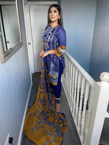 3 pcs Stitched Blue lawn shalwar Suit Ready to Wear with chiffon dupatta AJ-D03