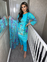 Load image into Gallery viewer, 3 pcs Stitched Blue shalwar Suit Ready to wear lawn summer Wear with chiffon dupatta AN-593B
