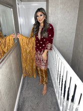 Load image into Gallery viewer, 3pc Maroon Velvet Embroidered Shalwar Kameez Suit with Gold Dupatta Ready to wear HW-MAROONGOLD
