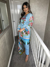 Load image into Gallery viewer, 3 pcs Stitched Sky Blue lawn suit Ready to Wear with chiffon dupatta FD-1012A
