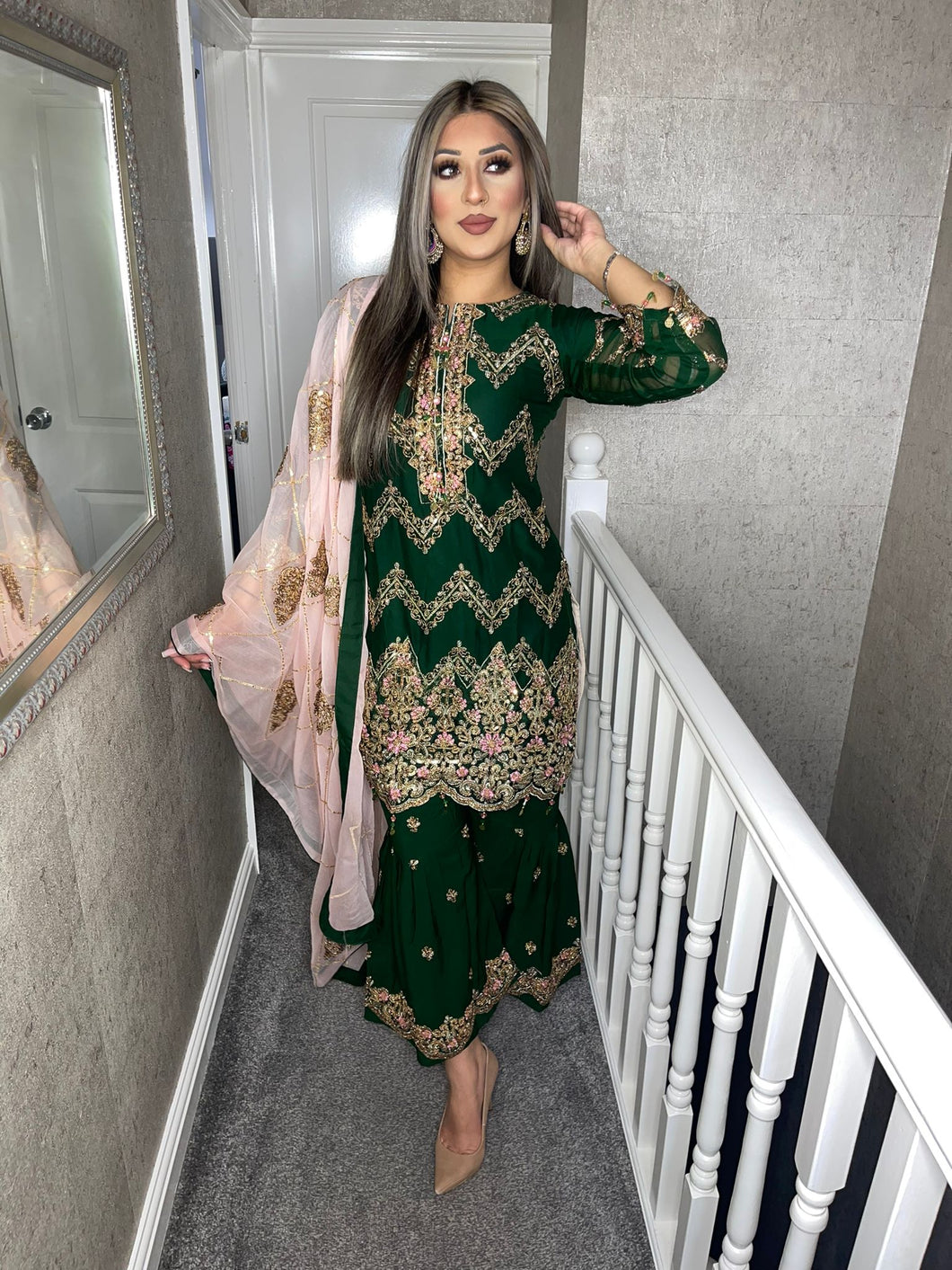 3pc GREEN Shrara suit with pink chiffon dupatta Embroidered Stitched Suit Ready to wear JF-GREENSHRARA