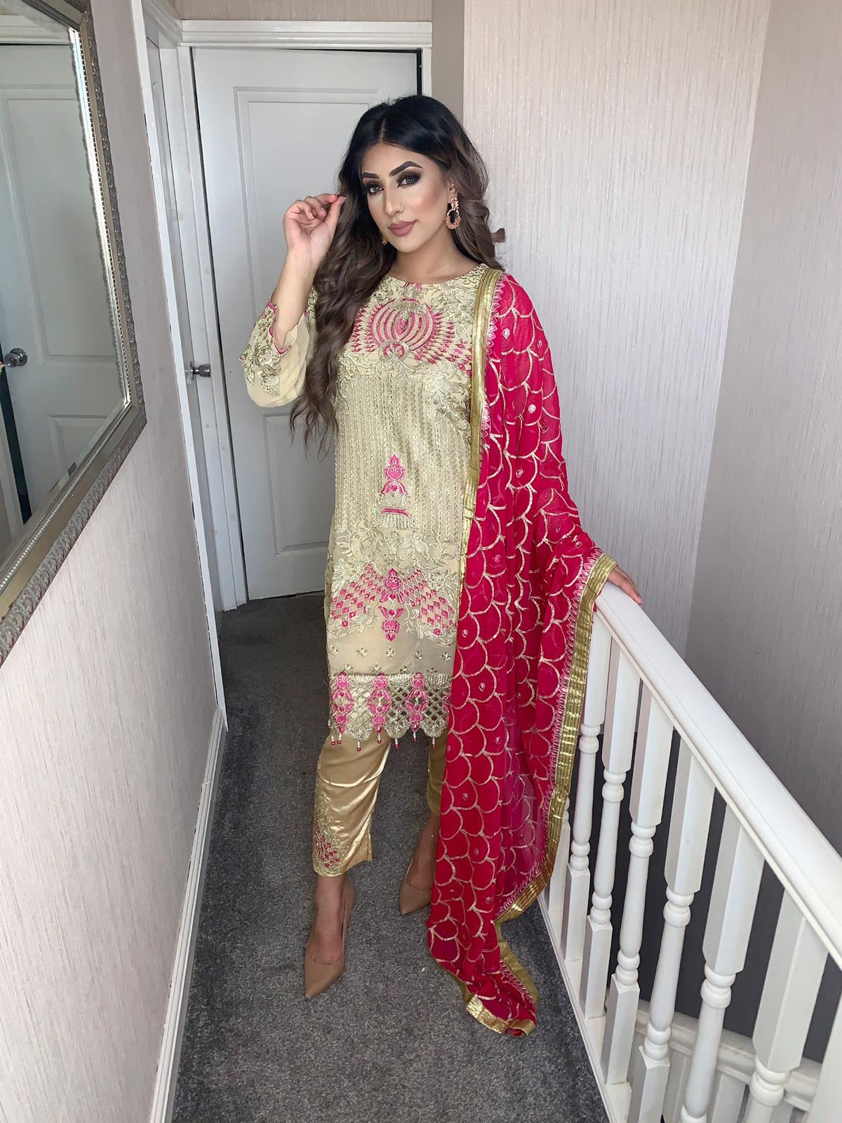 strapless open back dress 3pc Gold Embroidered suit with Pink Chiffon dupatta Embroidered Stitch –  H&W Collection