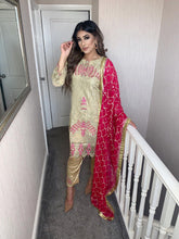 Load image into Gallery viewer, 3pc Gold Embroidered suit with Pink Chiffon dupatta Embroidered Stitched Suit Ready to wear
