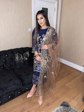 Load image into Gallery viewer, 3pc Navy Embroidered suit with light brown Net dupatta Embroidered Stitched Suit Ready to wear KH-NAVYBROWN
