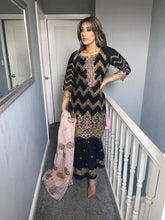 Load image into Gallery viewer, 3pc Black Shrara suit with pink chiffon dupatta Embroidered Stitched Suit Ready to wear PHK-BLACKSHRARA
