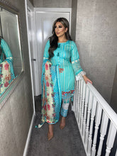 Load image into Gallery viewer, 3 pcs Blue lawn shalwar Suit Ready to Wear with chiffon dupatta MB-10B
