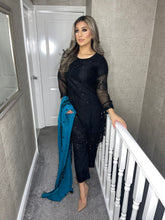 Load image into Gallery viewer, 3pc Black with Teal Chiffon Dupatta Shalwar Kameez Stitched Suit Ready to wear AN-BLACKTEAL
