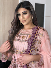 Load image into Gallery viewer, 3pc Pink chiffon Embroidered Shalwar Kameez with Purple shrara and chiffon Dupatta Stitched Suit Ready to wear UQ-PINKPURPLE
