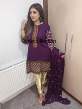 Load image into Gallery viewer, 3pc purple Embroidered with Gold trouser Shalwar Kameez Stitched Suit Ready to wear
