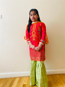 3pc Pink Green kids chiffon Embroidered Ghrara Shalwar Kameez with Chiffon dupatta Suit Ready to wear PK-PINKGREEN