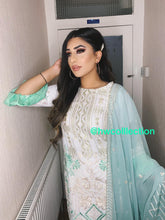 Load image into Gallery viewer, 3pc White Embroidered suit with Embroidered dupatta and flared sleeves Shalwar Kameez Ready to wear Fully Stitched
