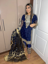 Load image into Gallery viewer, 3pc Navy Net Embroidered suit with Banarsi Dupatta Stitched Suit Ready to wear HW-NETNAVY
