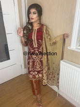 Load image into Gallery viewer, 3pc Maroon Embroidered with Net Dupatta Shalwar Kameez Stitched Suit Ready to wear
