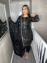 Load image into Gallery viewer, 3pc BLACK Embroidered Shalwar Kameez with Chiffon dupatta Stitched Suit Ready to wear HW-BLACK9MM
