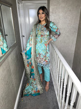 Load image into Gallery viewer, 3 pcs Stitched Baby Blue lawn suit Ready to Wear with chiffon dupatta FD-1011A
