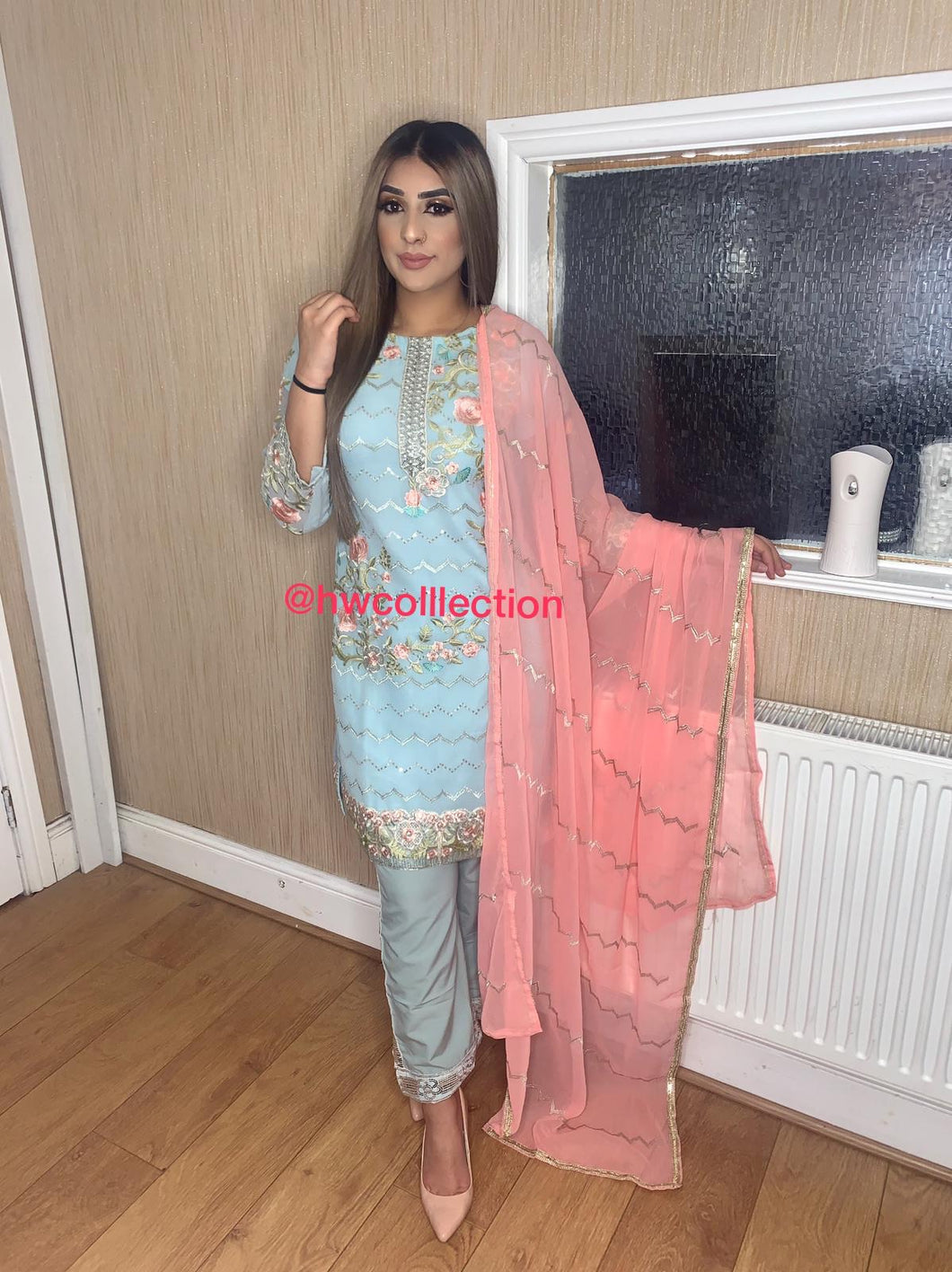 3pc Light Blue Embroidered Shalwar Kameez with Pink embroidered Dupatta Stitched Suit Ready to wear