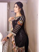 Load image into Gallery viewer, 3pc Black chiffon Embroidered Shalwar Kameez with Net Embroidered Dupatta Stitched Suit Ready to wear KH-BLACK

