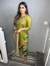Load image into Gallery viewer, 3 pcs Stitched Pistachio Green lawn shalwar Suit Ready to Wear with chiffon dupatta MB-1004B
